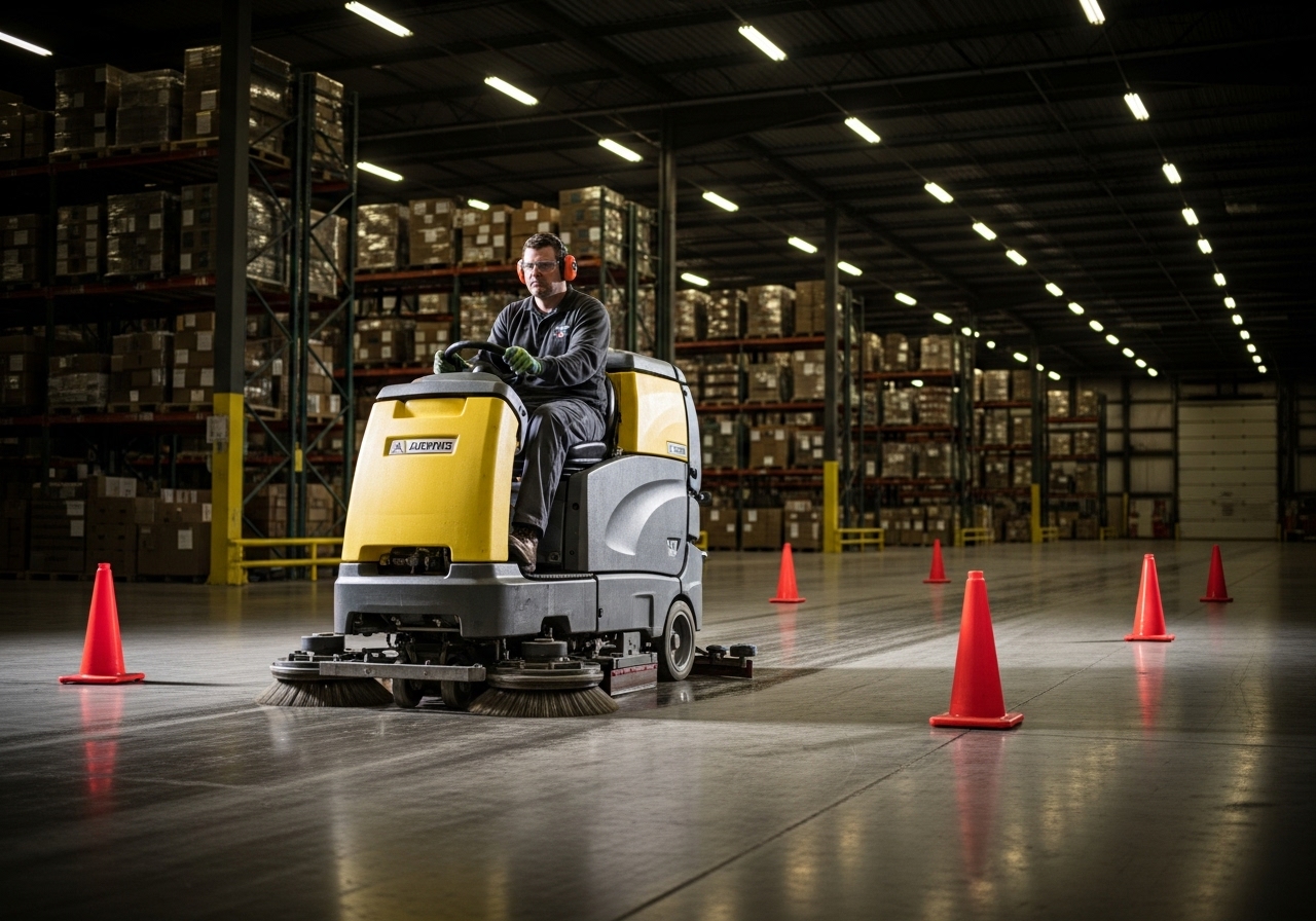 Warehouse floor scrubbed by floor machine