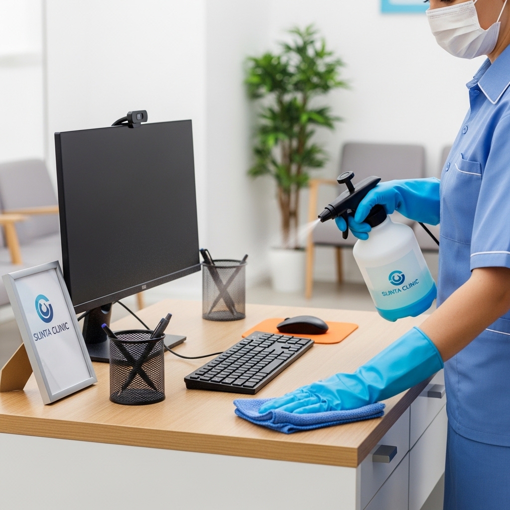 Cleaner performing sanitisation in a healthcare reception area