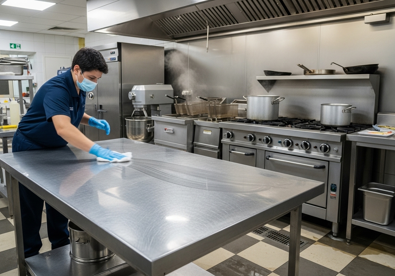 Sanitizing stainless surfaces in a commercial kitchen