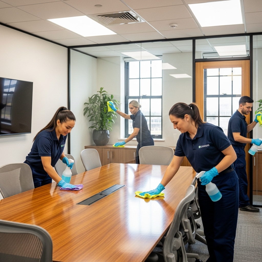 Professional commercial cleaners in a modern office environment