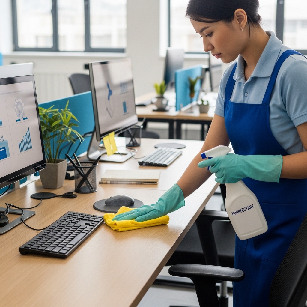 Commercial cleaner disinfecting office touchpoints