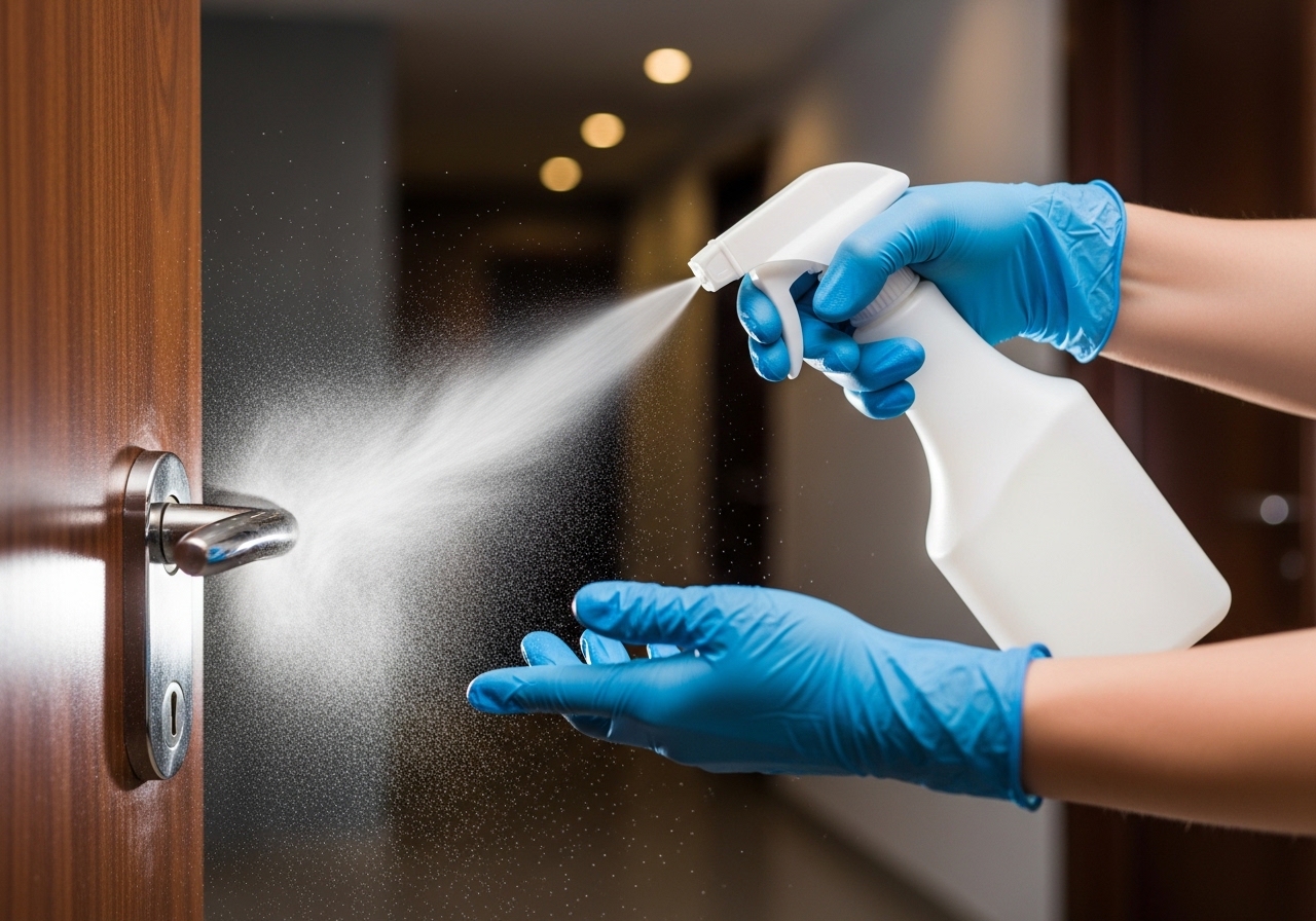 Disinfecting a high-touch door handle in a commercial building