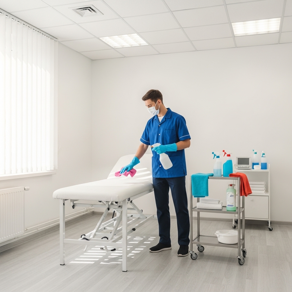 Cleaner disinfecting a clinical room