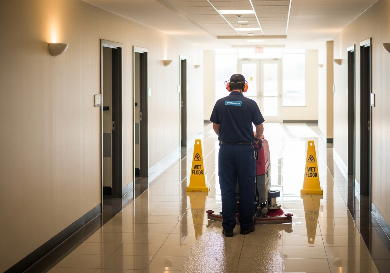 Commercial corridor floor being cleaned with professional equipment