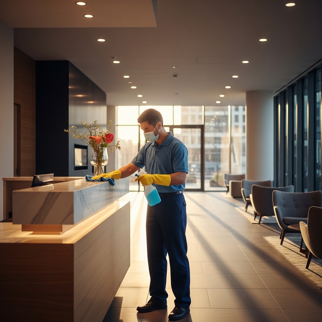Professional commercial cleaner sanitising a reception area