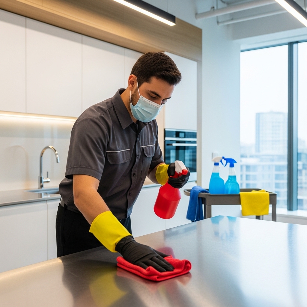 Commercial cleaner sanitising office kitchen surfaces