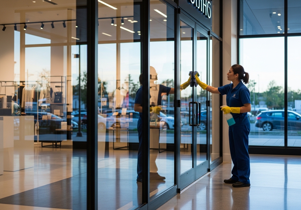 commercial cleaner maintaining a spotless entrance