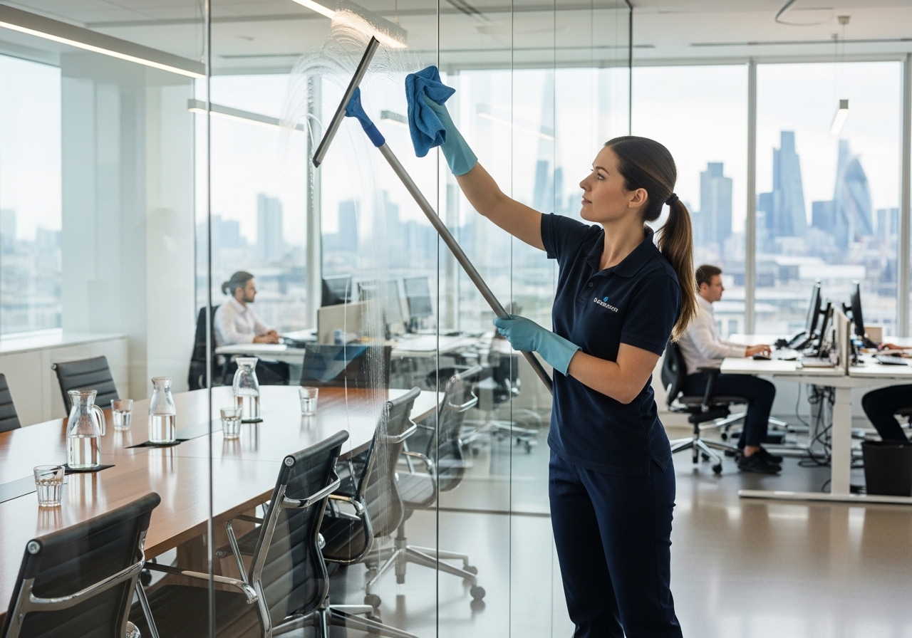 Professional commercial cleaner working in a modern office environment