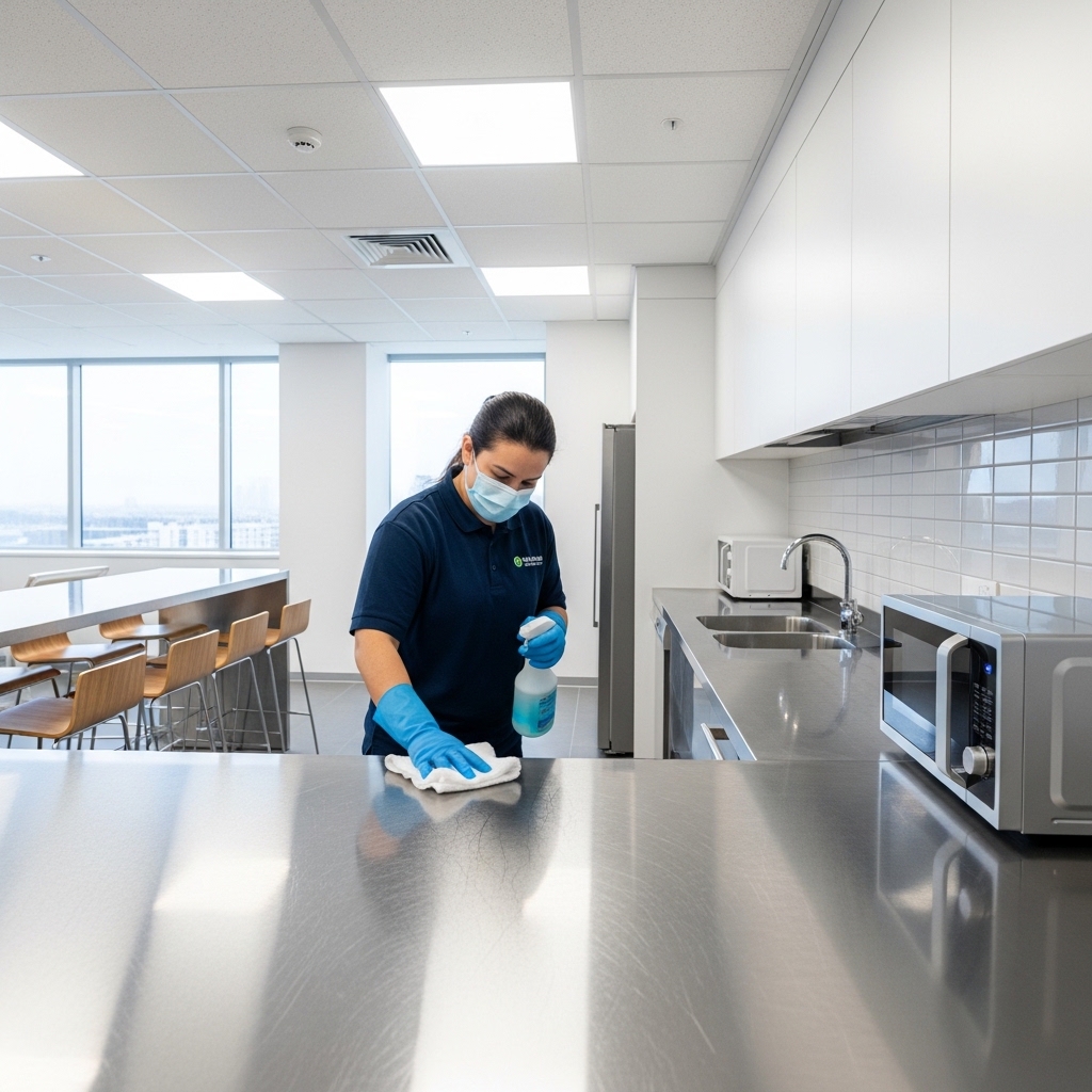 Commercial cleaner sanitising an office kitchen