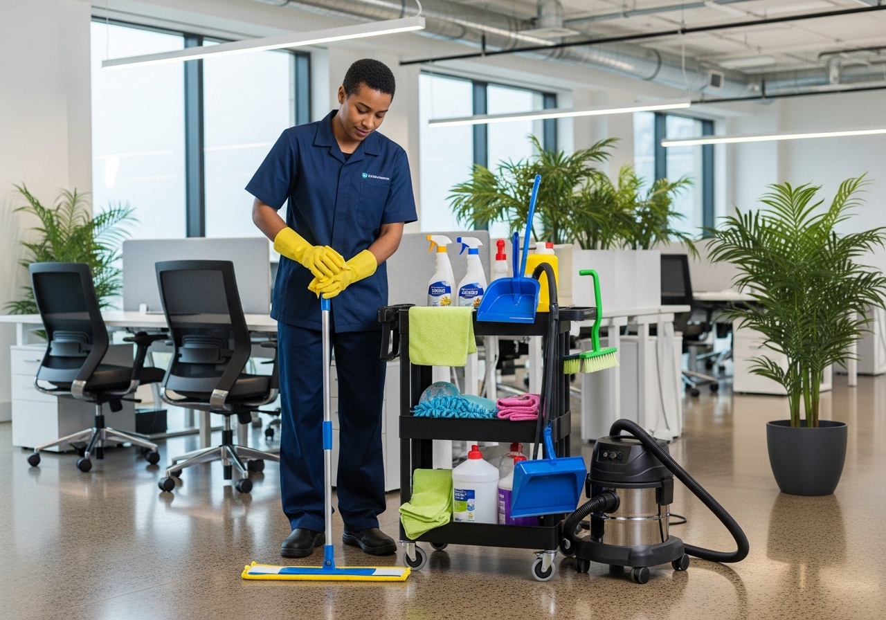 Commercial cleaning team preparing equipment in a modern office