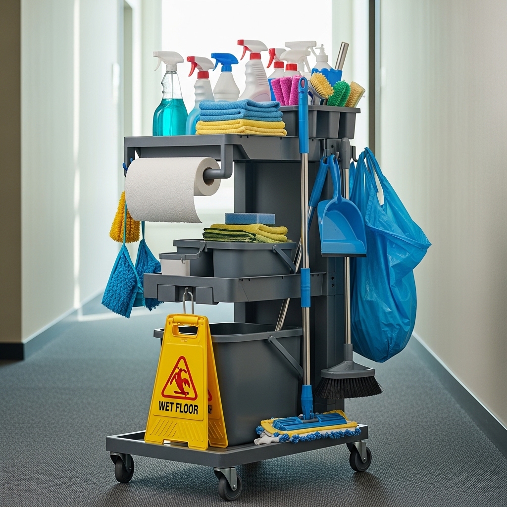 Professional cleaning trolley prepared for a commercial clean
