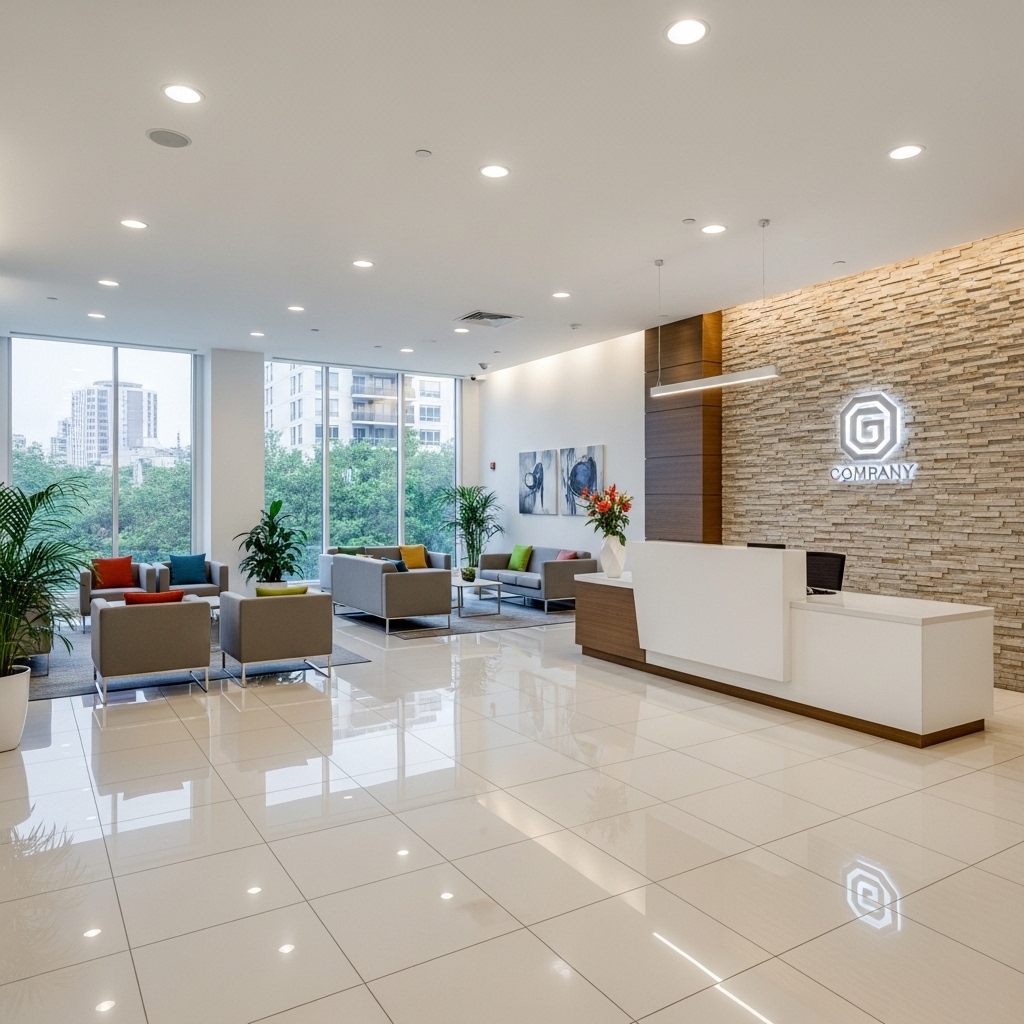 Clean reception area maintained by professional commercial cleaners