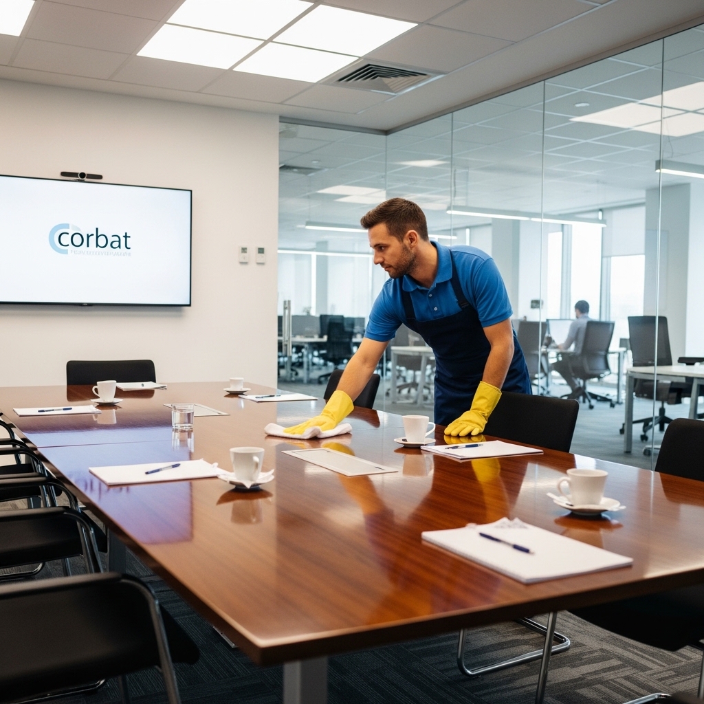 Commercial cleaner preparing a meeting room