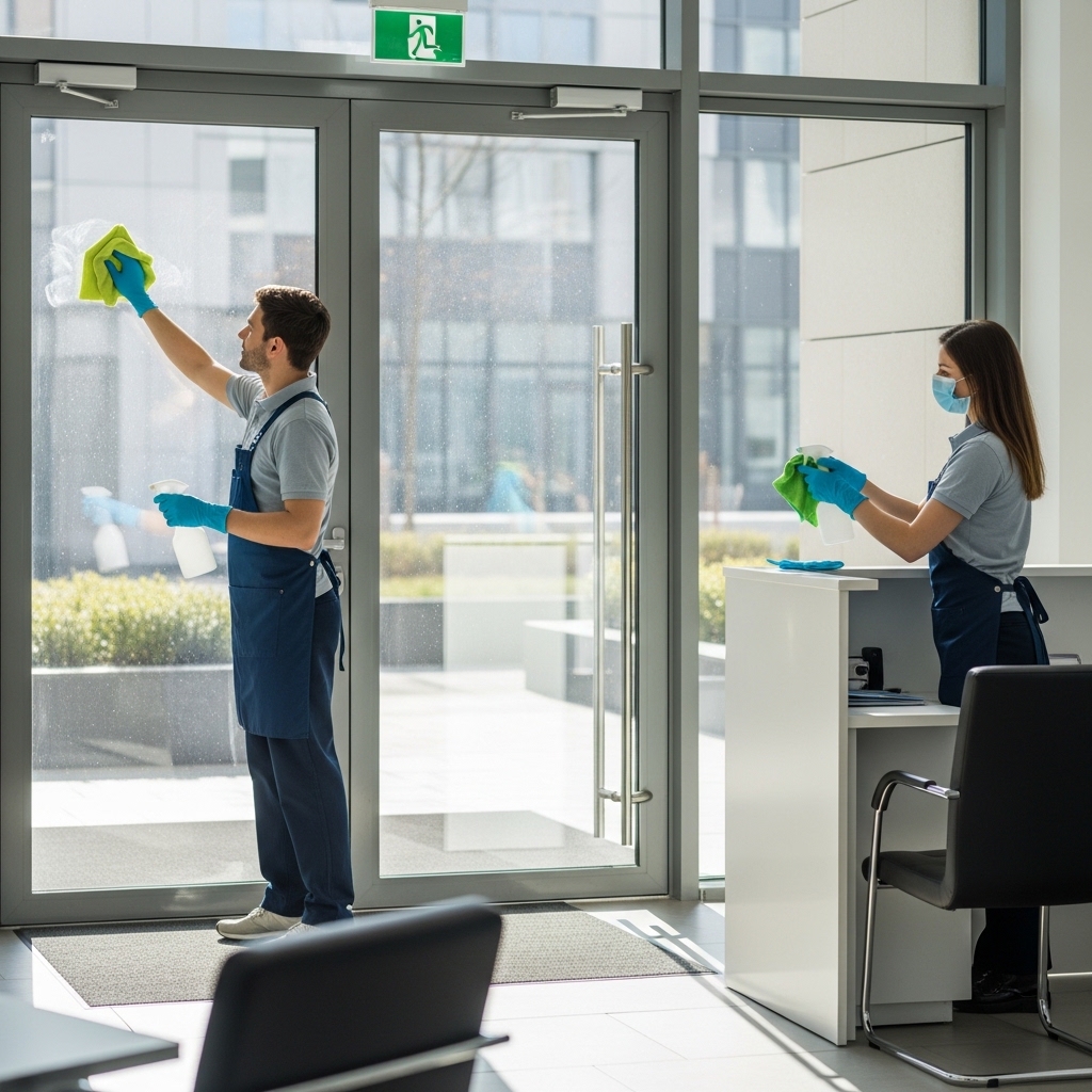 Cleaner polishing glass entrance doors in a commercial building