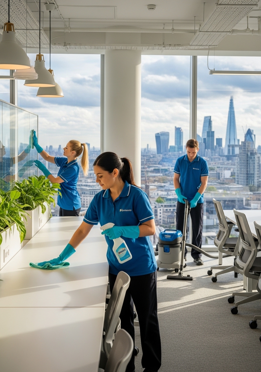 Professional cleaning team in London office